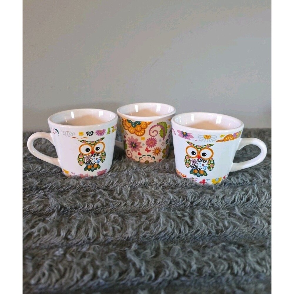 Trisa Art Deco Owl And Flower Small Mugs - Set Of 3